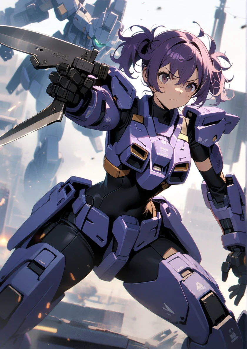 1girl, messy hair, purple hair, short twintails, ジト目、mecha , combat Knife