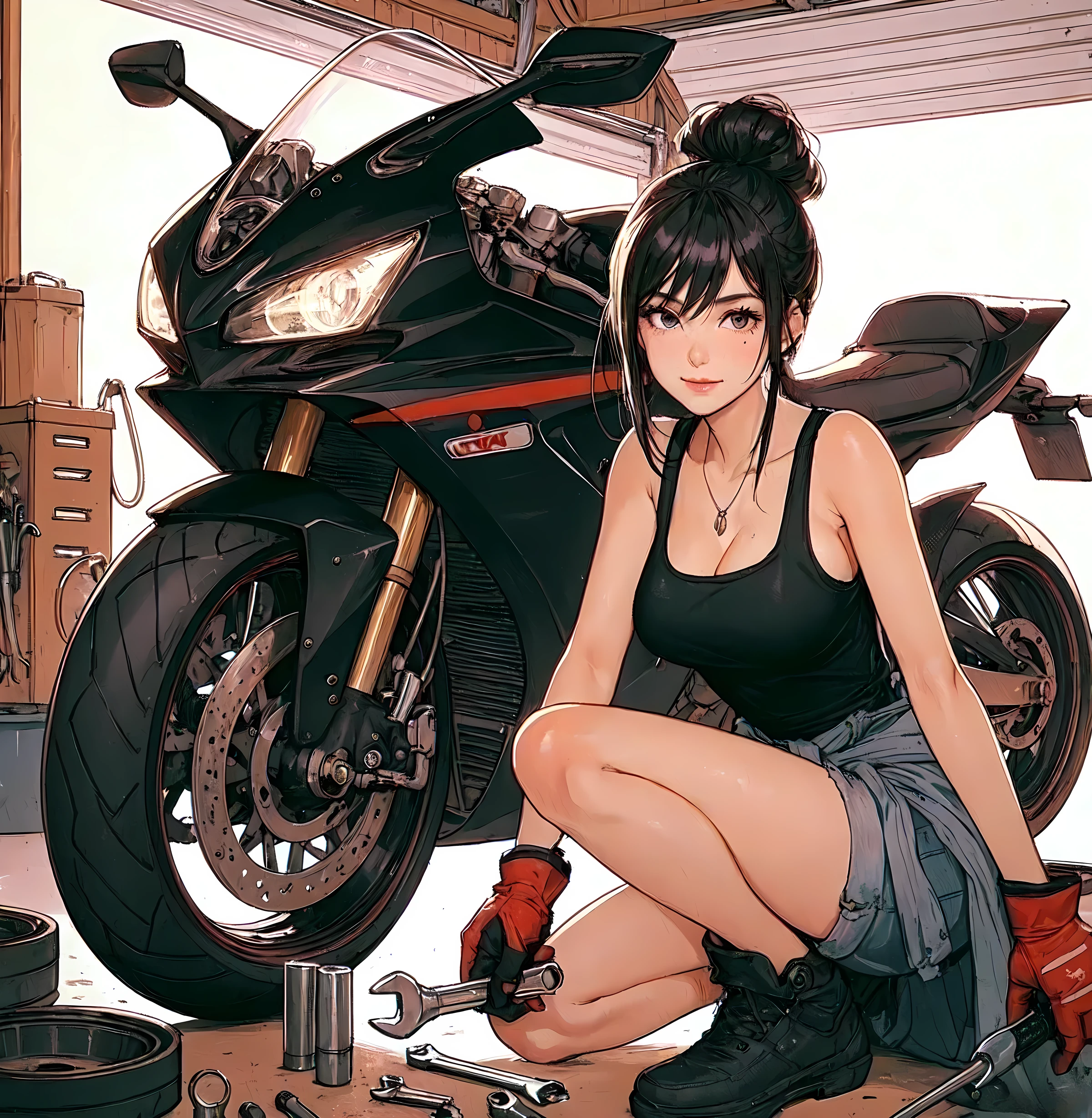 1lady solo, (squatting by motorcycle) (one knee on the ground), mechanic, (black tank top), ((overalls loosely worn) with the sleeves tied around waist), (mature female:0.8), /(black hair/) bangs, light smile, (oil smudges on cheeks:1.1), (masterpiece best quality:1.2) delicate illustration ultra-detailed, large breasts, (holding spanner, wrench), glove BREAK (garage) indoors, (sporty motorcycle:1.1), various tools and parts, detailed background