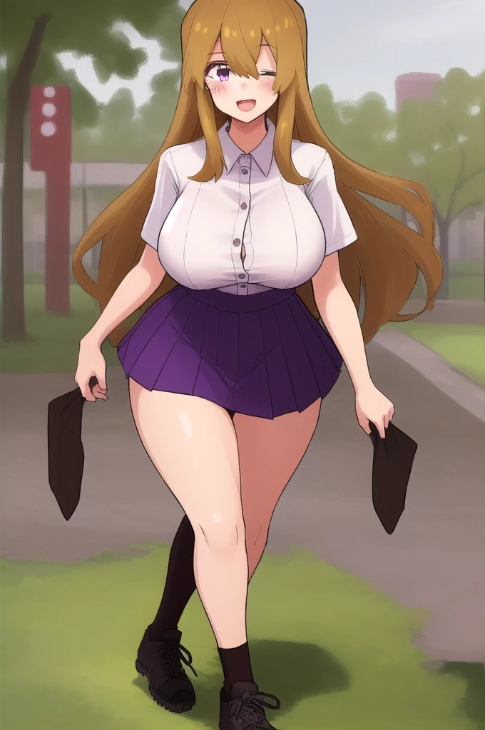 ((Best Quality)), ((Masterpiece)), (detailed), 1 girl, white button-down t-shirt, purple skirt, high brown stockings, black high-heeled sneakers, Pastel yellow hair, long hair, hair covers one eye, purple eyes, tight, big breasts, big thighs, expression smiling shy, walking in a park