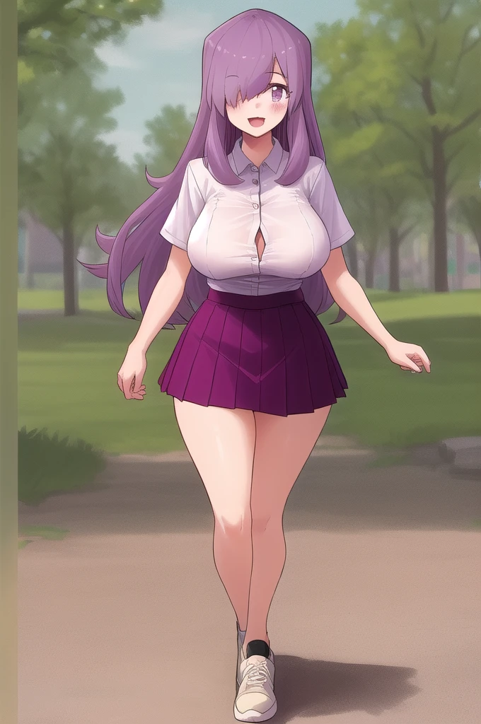 ((Best Quality)), ((Masterpiece)), (detailed), 1 girl, white button-down t-shirt, purple skirt, high brown stockings, black high-heeled sneakers, Pastel yellow hair, long hair, hair covers one eye, purple eyes, tight, big breasts, big thighs, expression smiling shy, walking in a park