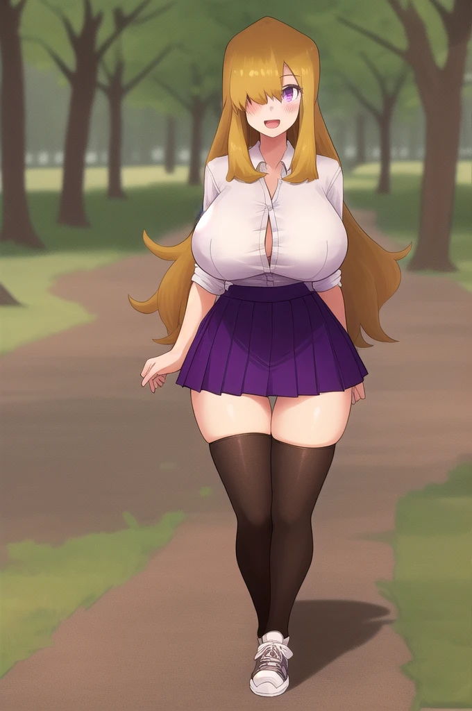 ((Best Quality)), ((Masterpiece)), (detailed), 1 girl, white button-down t-shirt, purple skirt, high brown stockings, black high-heeled sneakers, Pastel yellow hair, long hair, hair covers one eye, purple eyes, tight, big breasts, big thighs, expression smiling shy, walking in a park