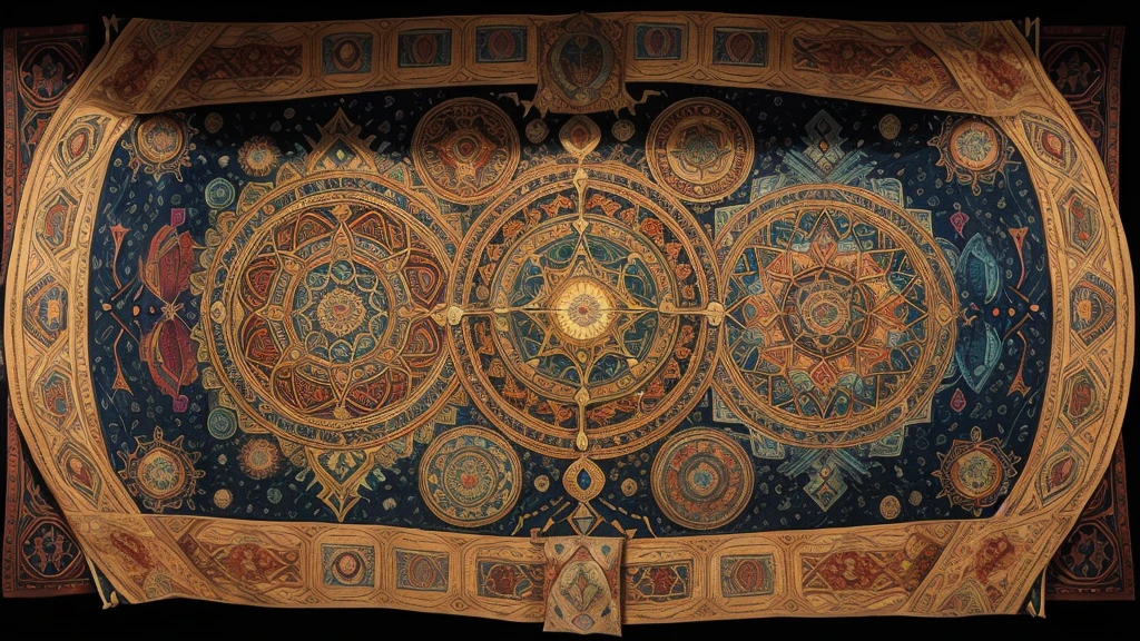 "A vibrant tapestry woven with intricate patterns and symbols, depicting Ezekiel's vision of the valley of dry bones. Each thread represents a different element of the vision: the dry bones coming together, sinews and flesh covering them, and the breath of God infusing life into them. The tapestry captures the dynamic movement and spiritual power of God's revival, symbolizing hope and renewal beyond death."