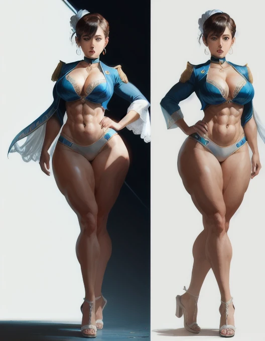 Masterpiece, of the highest quality, (Perfect face:1.1) , (high detail:1.1), dramatic, trillizas, old, by white, Red eyes, neckline, wide, curves, large old, officer, Transparent, evening, nudes, Thighs, belly button, white vest, choker with laces, hombros descovereds, Wide hips, thick Thighs, lips, covered, lace-up robe, pelvic curtain, laced pelvic curtain, toned pelvis, toned hips, milky hips, belly button piercings, body piercings, huge old, muscles, big biceps, thigh muscles, bruised knees, white heels, white sandals, body piercings, Chun Li Thighs, neck chains, castillo, detailed background, art by Artgerm and Greg Rutkowski, cinematic lighting