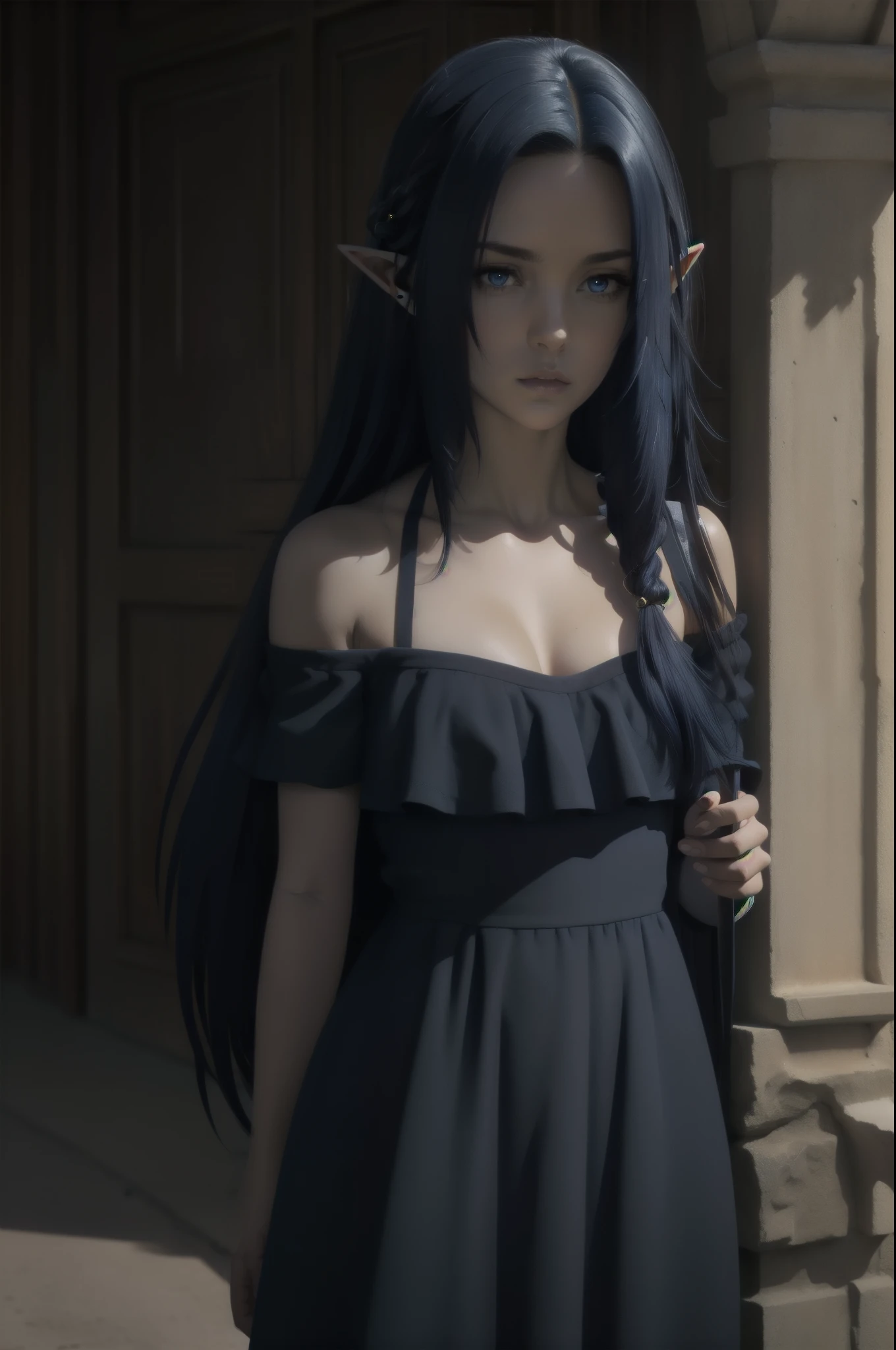 ,dark blue hair,,long hair,blue eyes,pointy ears,elf,(((dress)))
