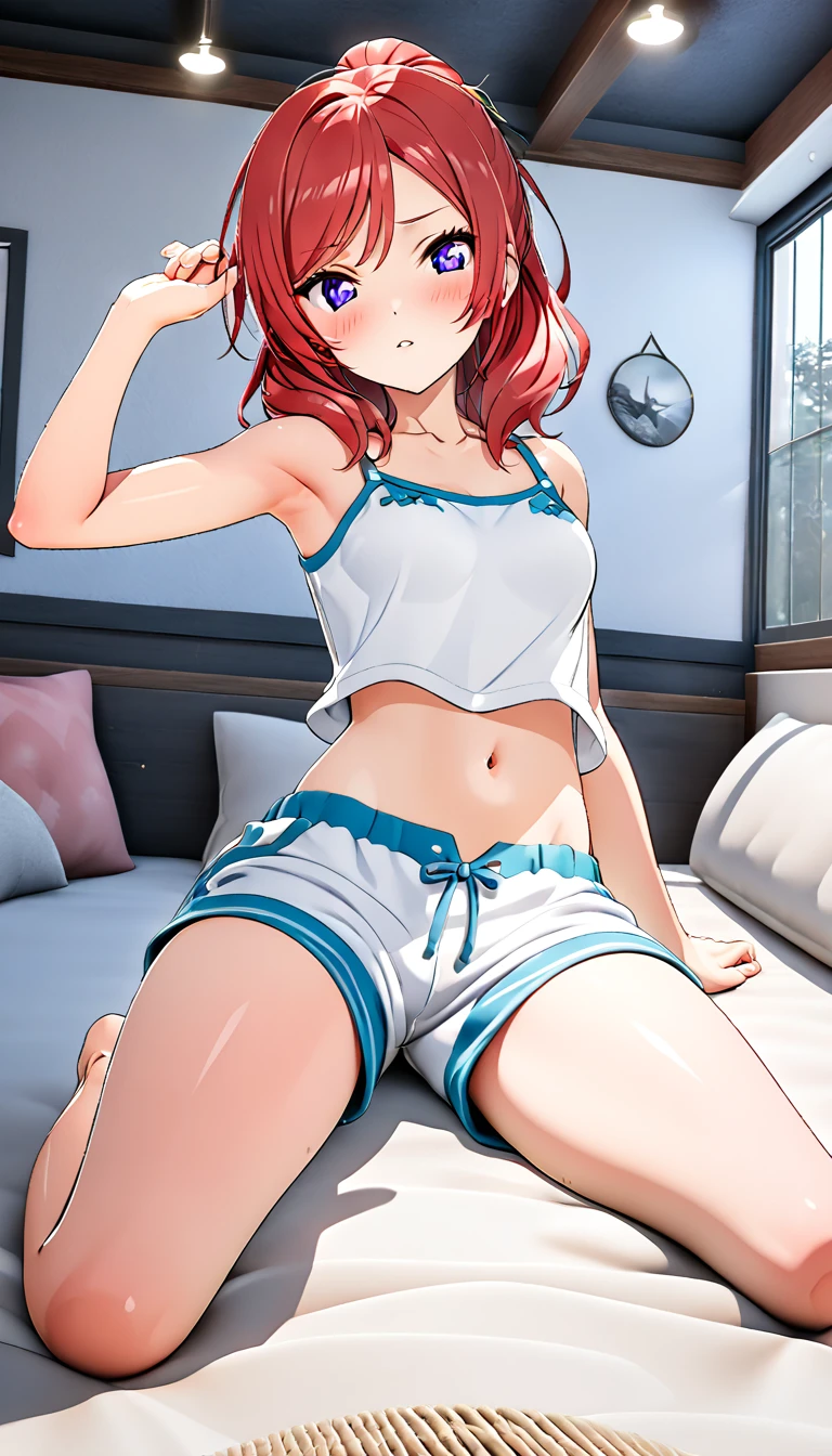 One girl, Nishikino Maki, thin tank top, pajama shorts, posing on bed in bedroom, on bed there is only Nishikino Maki, BREAK (masterpiece, best quality, high resolution, super detailed, (super detailed skin: 1.3), (super detailed hair: 1.3), (perfect anatomy: 1.5), (perfect anatomy: 1.5), (beautiful eyes, 5 fingers: 1.3), (highly detailed face and skin texture: 1.3), (crisp details), {background blur: 1.3}, (perfect lighting), high resolution CG, Unity 8k wallpaper, official art, (full body composition: 1.22), (character focus: 1.22), (blush: 1.22), (upward glance: 1.22), 3D rendering, conceptual art, sharp sketch, id_maki_nishikino