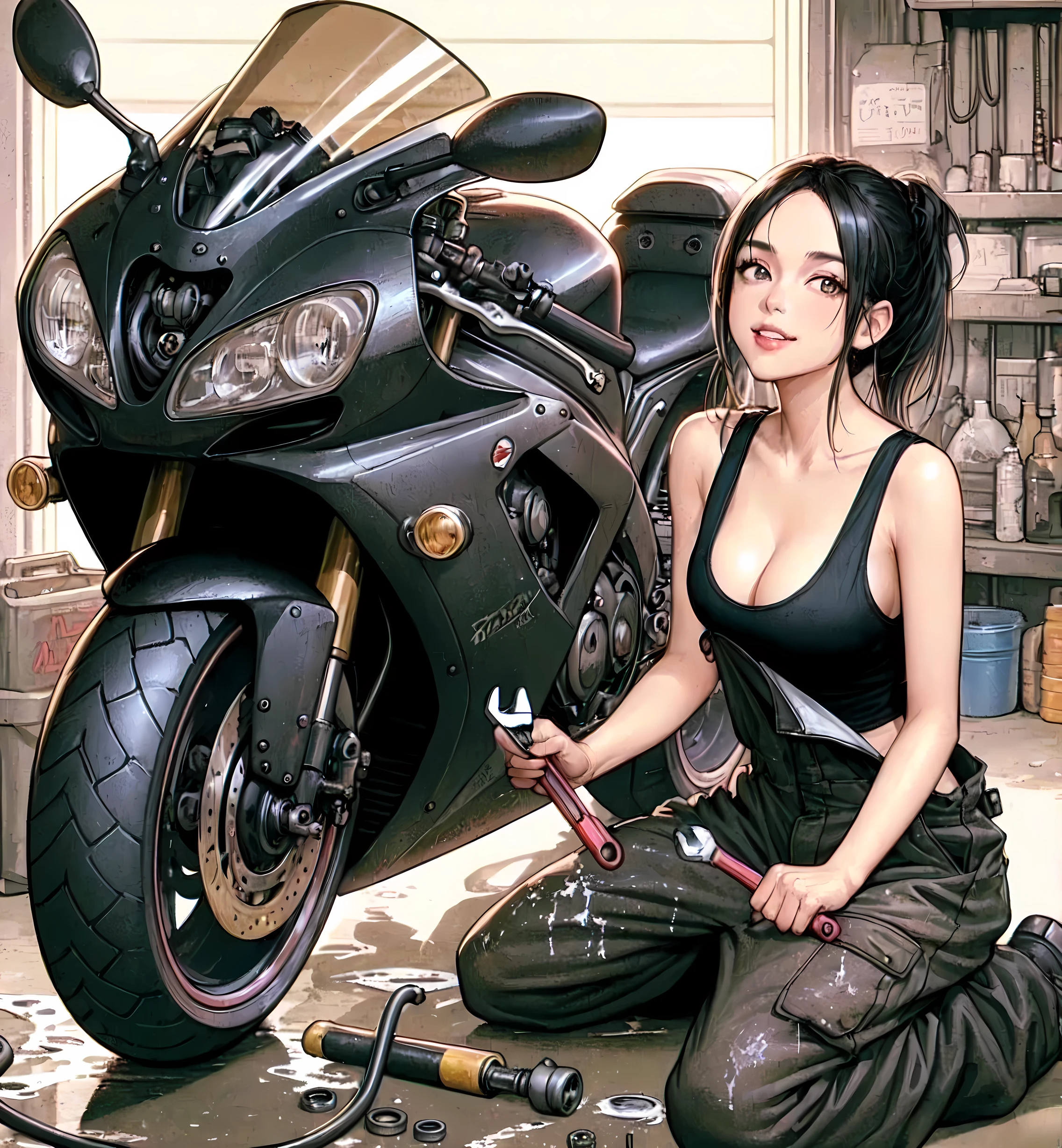 1lady solo, (squatting by motorcycle) (one knee on the ground), mechanic, (black tank top), ((overalls loosely worn) with the sleeves tied around waist), (mature female:0.8), /(black hair/) bangs, light smile, (teeth:0.8), (oil smudges on cheeks:1.1), (masterpiece best quality:1.2) delicate illustration ultra-detailed, large breasts, (holding spanner, wrench), glove BREAK (garage) indoors, (sporty motorcycle:1.1), various tools and parts, detailed background