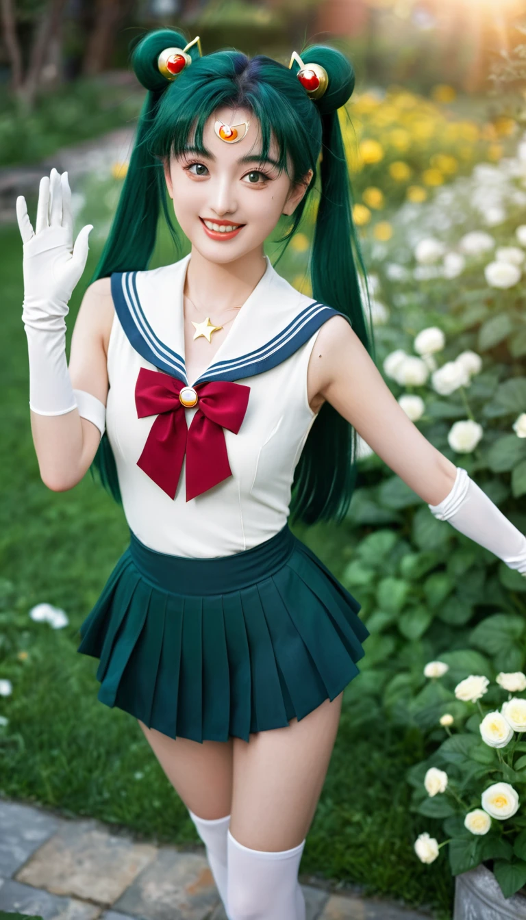 (Very detailed CG unity 8k wallpaper., Masterpiece, best quality), (Beautiful light and shadow, The picture is very amazing., movie lens effect), (Sailor Moon: 1.4), exquisite face, Charming smile, star-eyed, ((dark green hair)), tight top, white gloves, short skirt, dynamic poses, lying in the garden), (Garden background full of flowers) (Excellent details, wonderful light, wide angle), (Excellent display, It&#39;s enough to be proud.&#39;own kind),(((spread your shirt:1.5, show your tits:1.5)))