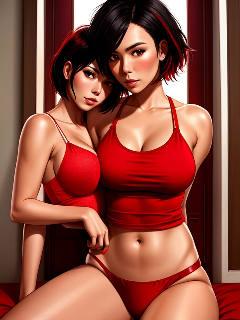 Lexa Doig, red camisole,  white panties, short bobcut black hair with red streaks