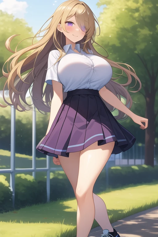  ((Best Quality)), ((Masterpiece)), (detailed), 1 girl, white button-down t-shirt, purple skirt, high brown stockings, black high-heeled sneakers, Pastel yellow hair, long hair, hair covers one eye, purple eyes, tight, big breasts, big thighs, expression smiling shy, walking in a park