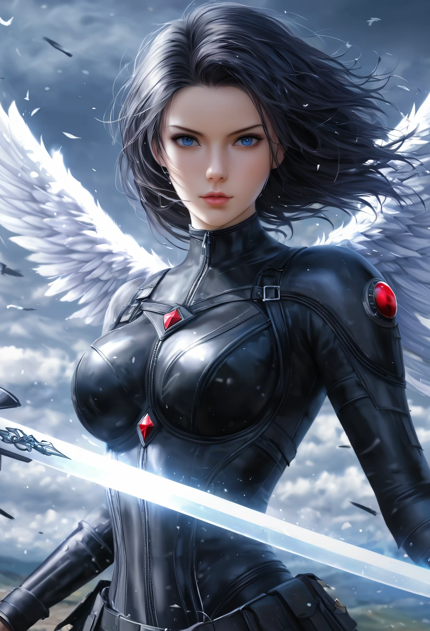 Black angels、fallen Angel、Dark Angel、Fluttering in the wind、Have a big sword、(((masterpiece)), (highest quality), (Ultra-high resolution), (best quality), (ultra detail), depth、Realistic portrayal、SLR、Portrait、Cowboy Shot