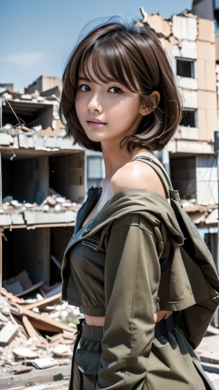 Highest quality、masterpiece、8K、((Urban Warfare))、((Firing a Gatling gun))、((A building that is about to collapse after being bombarded))、(((Looking into the distance)))、((Camouflage military uniform))、(((whole body)))、Black Short Hair、1 Girl、(((Glamour)))、Realistic、Clearer images、Beautiful attention to detail、Hyperrealism、Ultra HD、Realistic skin texture、Best image quality、Ultra-high resolution、In detail、Very carefully