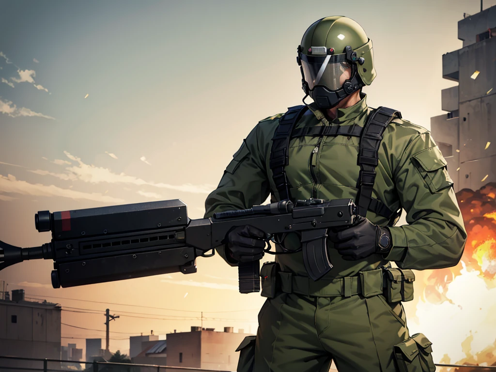 olive green armed guard with helmet and riot shield looking angry at me