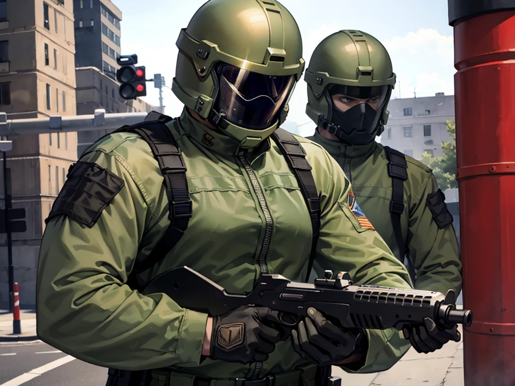 olive green armed guard with helmet and riot shield looking angry at me