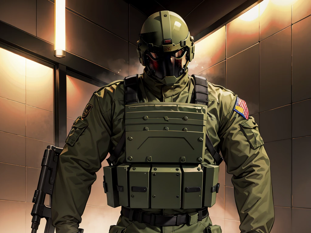 olive green armed guard with helmet and riot shield looking angry at me