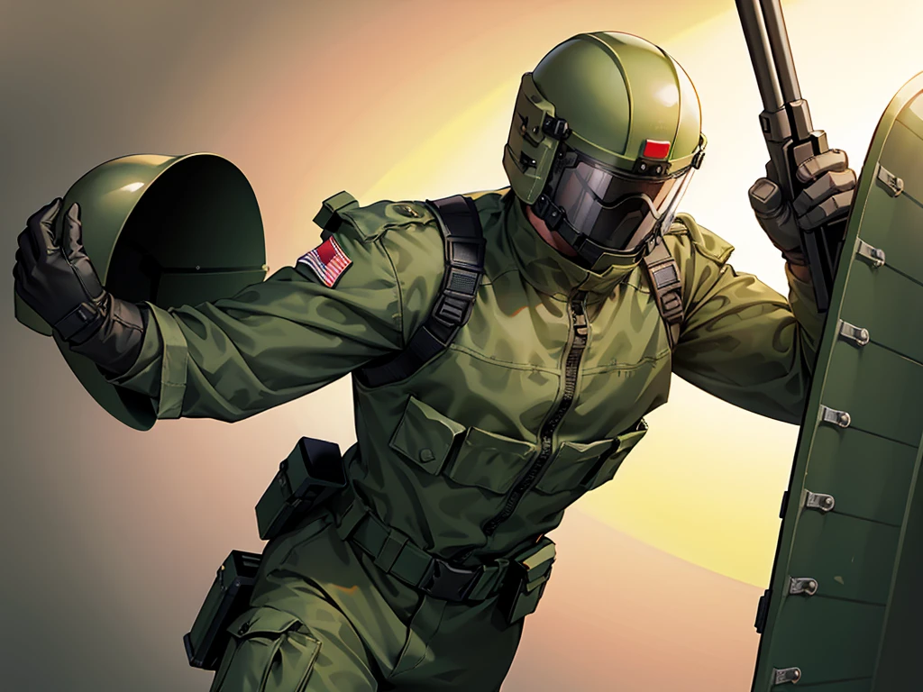 olive green armed guard with helmet and riot shield looking angry at me