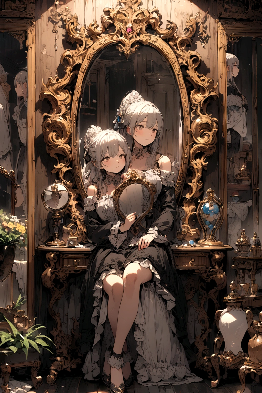 (((White Hair Short Hair blue eyes woman))) ((Noble clothes Drinking tea Gold-edged sofa)) (smile) Shining Edge
