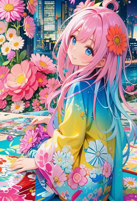 anime smiling girl with pink hair and blue eyes sitting on a rug, anime style 4 k, anime art wallpaper 4 k, anime art wallpaper ...