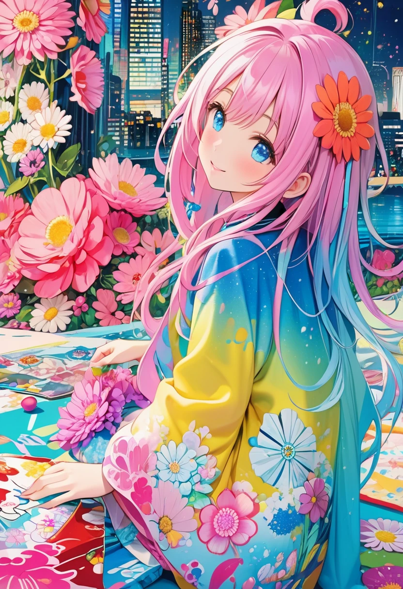 anime smiling girl with pink hair and blue eyes sitting on a rug, anime style 4 k, anime art wallpaper 4 k, anime art wallpaper 4k, anime art wallpaper 8 k, anime wallpaper 4k, anime wallpaper 4 k, beautiful anime girl, beautiful anime artwork, dreamy psychedelic anime, beautiful anime art, detailed digital anime art, anime style. 8k