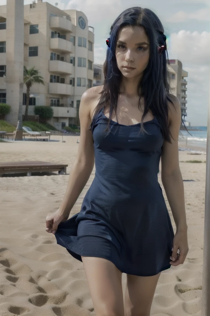 ,dark blue hair,,long hair,blue eyes,pointy ears,elf,(((dress))),on the beach
