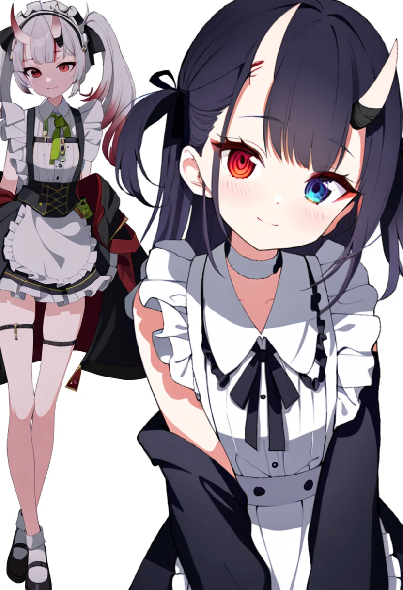 (muste piece), (best quality), very detailed eyes, expressive eyes, perfect face, very detailed face, highly detailed face, beautiful girl, 8K, beautiful girl, white background, delicate and beautiful face and eyes, dark intense shadow, 1 girl, vtuber style, cool girl, ho****ve, Nakiri Ayame, oni horns, maid, small chest, cropped shoulders, clavicle, one eye close winking, smile, body visible through clothes, chest visible through clothes, ass visible through thighs, (full body), standing, 