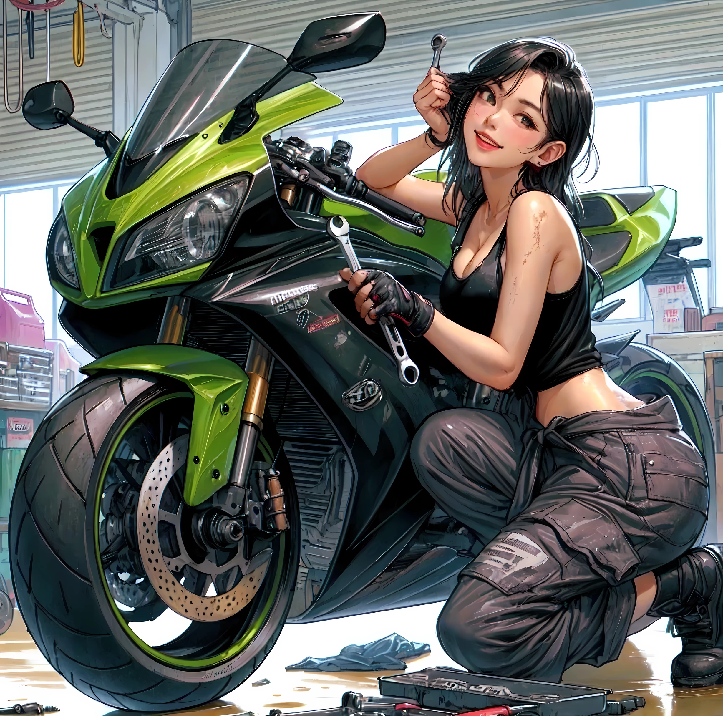 1lady solo, (squatting by motorcycle) (one knee on the ground), mechanic, (black tank top), ((overalls loosely worn) with the sleeves tied around waist), (mature female:0.8), /(black hair/) bangs, light smile, (teeth:0.8), (oil smudges on cheeks:1.1), (masterpiece best quality:1.2) delicate illustration ultra-detailed, large breasts, (holding spanner, wrench), glove BREAK (garage) indoors, (sporty motorcycle:1.1), various tools and parts, detailed background