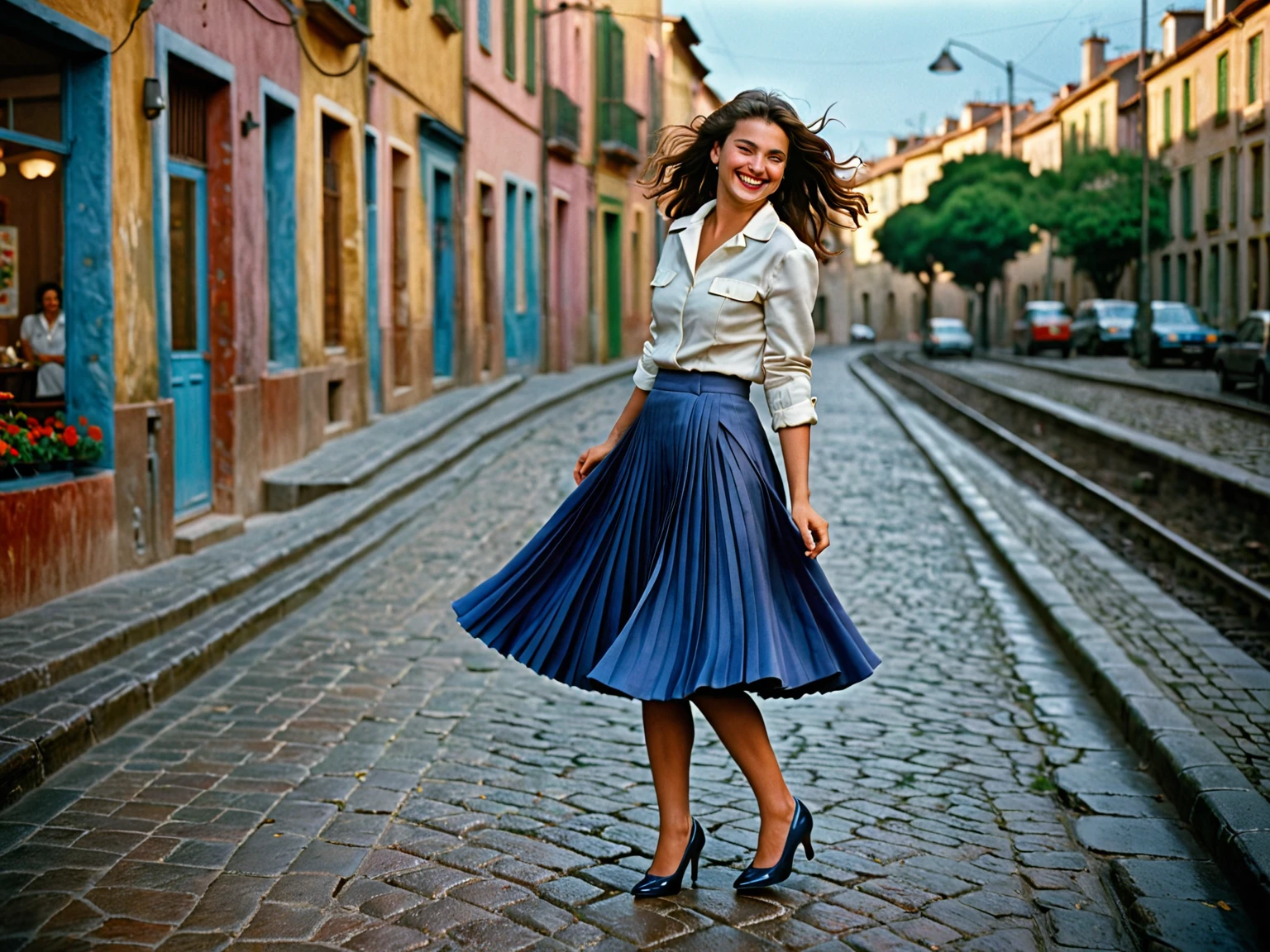 A smiling, authentic, (shy:1,3), kind, beautiful woman, is passionately in love with her skirt, wind wildly lifts her skirt, wearing uniform jacket and very, very detailed (long (fully pleated) full circle skirt) and (low heeled court shoes), very, very intricate hyper-detailed symmetric (attractive graceful young feminine face) with (sad, tired eyes and a loving smile), very voluptuous breasts, full of empathy and compassion and love, (pronounced (feminine) features), (highly detailed ultra accurate realistic) hands and fingers, (windy), epic composition, highly detailed attributes, (35mm f1.4 Kodak portra 400 photograph), extremely high quality RAW photograph, highly detailed atmosphere, sci-fi, cinematic shot, dynamic lighting, 75mm, Technicolor, Panavision, cinemascope, sharp focus, fine details, 8k, HDR, realism, realistic, key visual, film still, superb cinematic color grading, depth of field