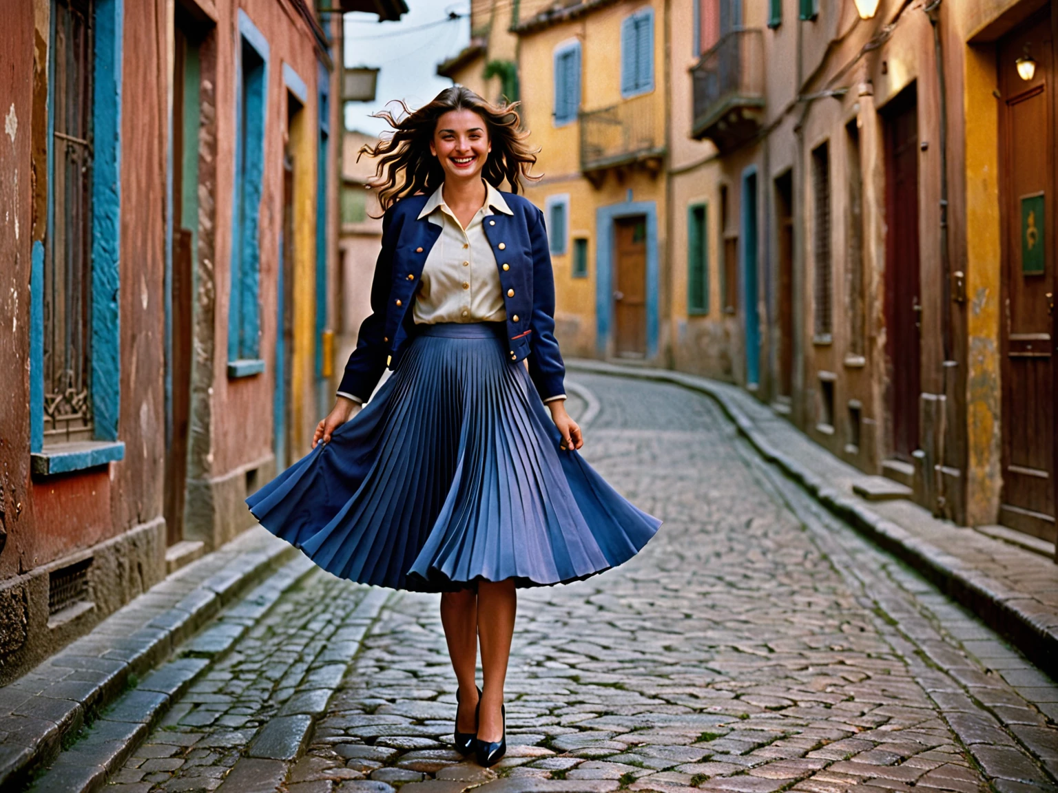 A smiling, authentic, (shy:1,3), kind, beautiful woman, is passionately in love with her skirt, wind wildly lifts her skirt, wearing uniform jacket and very, very detailed (long (fully pleated) full circle skirt) and (low heeled court shoes), very, very intricate hyper-detailed symmetric (attractive graceful young feminine face) with (sad, tired eyes and a loving smile), very voluptuous breasts, full of empathy and compassion and love, (pronounced (feminine) features), (highly detailed ultra accurate realistic) hands and fingers, (windy), epic composition, highly detailed attributes, (35mm f1.4 Kodak portra 400 photograph), extremely high quality RAW photograph, highly detailed atmosphere, sci-fi, cinematic shot, dynamic lighting, 75mm, Technicolor, Panavision, cinemascope, sharp focus, fine details, 8k, HDR, realism, realistic, key visual, film still, superb cinematic color grading, depth of field