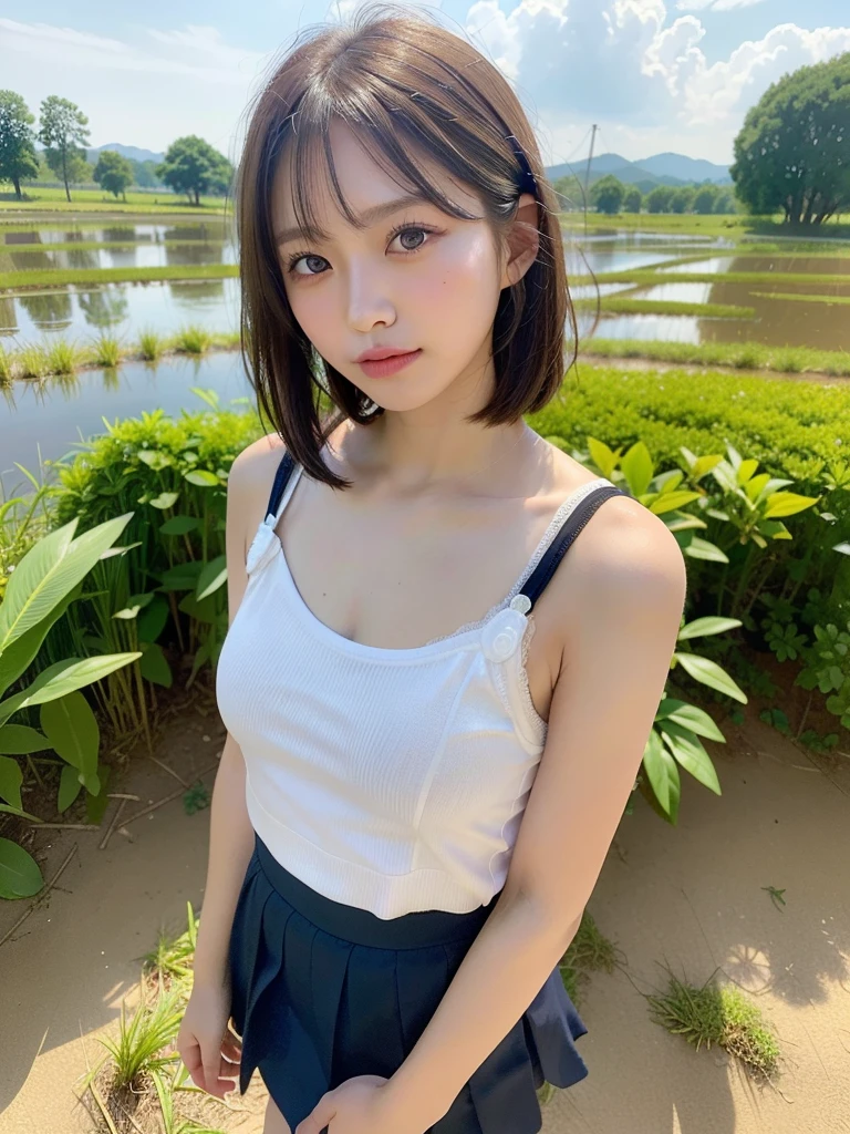 two girls standing in the park,Plain white school gym shirt with navy blue trim,Navy blue speed briefs,Navy micro mini skirt,White headband,18-year-old,bangs,The mouth is half open,Thighs,knees,Straight hair with barrette,From below,Front light, White panties visible through the skirt、((Lift the hem of the skirt with both hands to reveal the panties))、The simple cuteness of a celebrity-like face、(masterpiece、16k image、High resolution、Highest quality)、Two Girls、(Japanese Girls,perfection)、(perfectionな解剖学,Beautiful body、Healthy Body、Beautiful Skin)、Small Tits:1.5、Artistic
