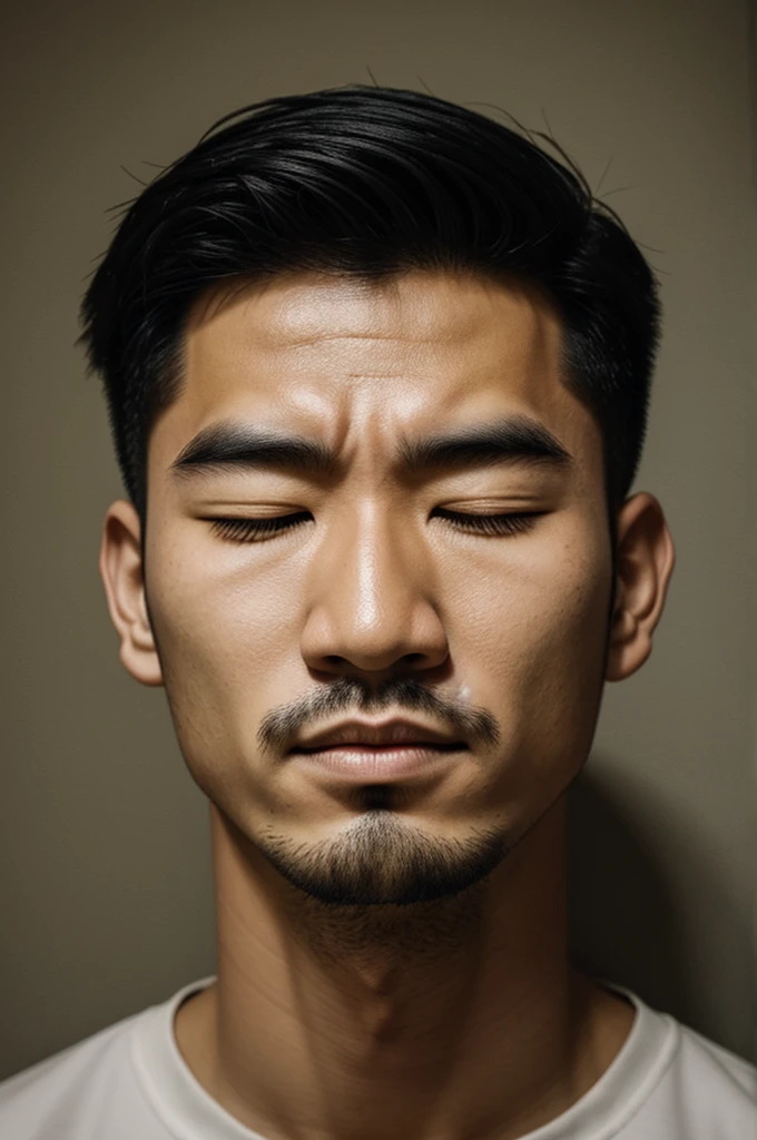 a hundred footer who has a face of a Chinese on his face with his eyes closed