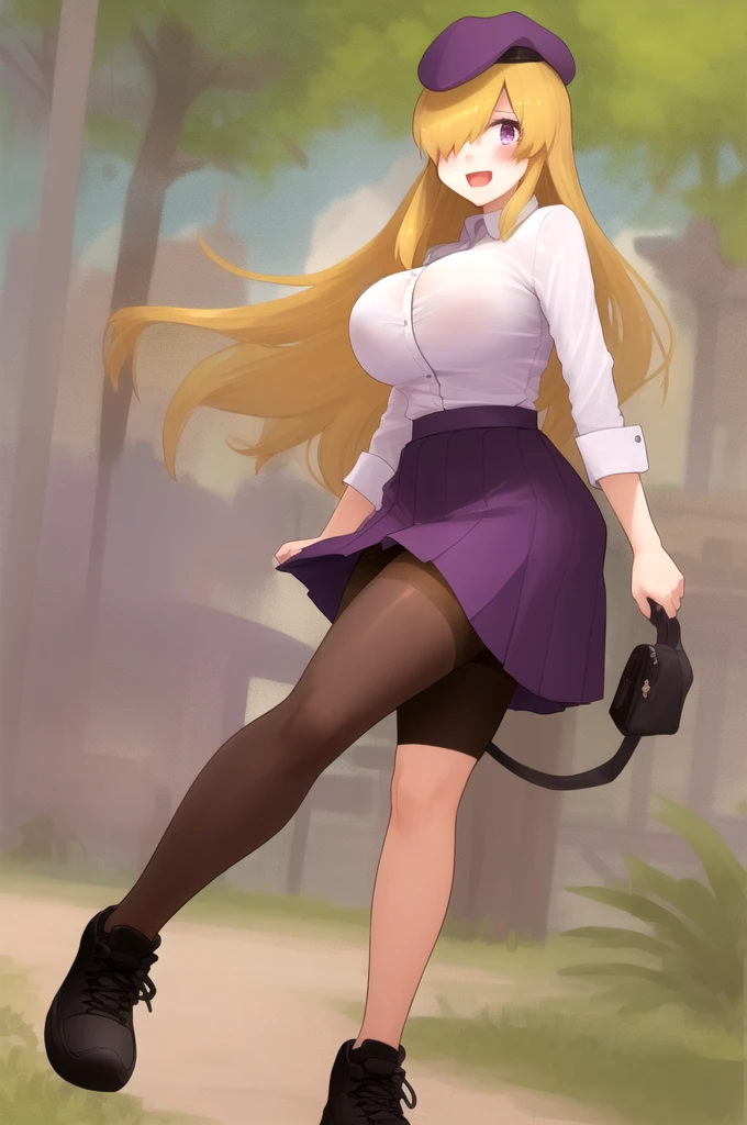 ((Best Quality)), ((Masterpiece)), (detailed), 1 girl, white button-down t-shirt, purple skirt, high brown stockings, black high-heeled sneakers, Pastel yellow hair, long hair, hair covers one eye, purple eyes, tight, big breasts, big thighs, expression smiling shy, walking in a park