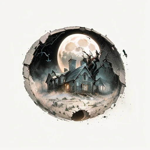 there is a drawing of a house in a hole with a full moon, horror illustration, elegant horror artwork, digital horror artwork, horror artwork, eerie highly detailed, horror surreal art, eerie nostalgic concept art, by Brian Snøddy, dark illustration, detailed 4k horror artwork, horror art, southern gothic art, horror concept art, haunted house, scary stories