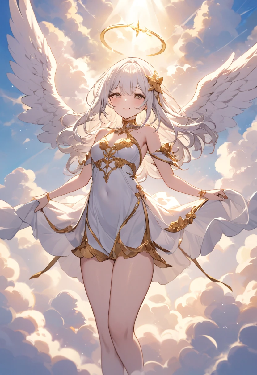 masterpiece, Very high quality,Angel, Light, (cloud:1.3), fly in the sky, white Angel wings, Hello l, Lilia,  Gold coloring