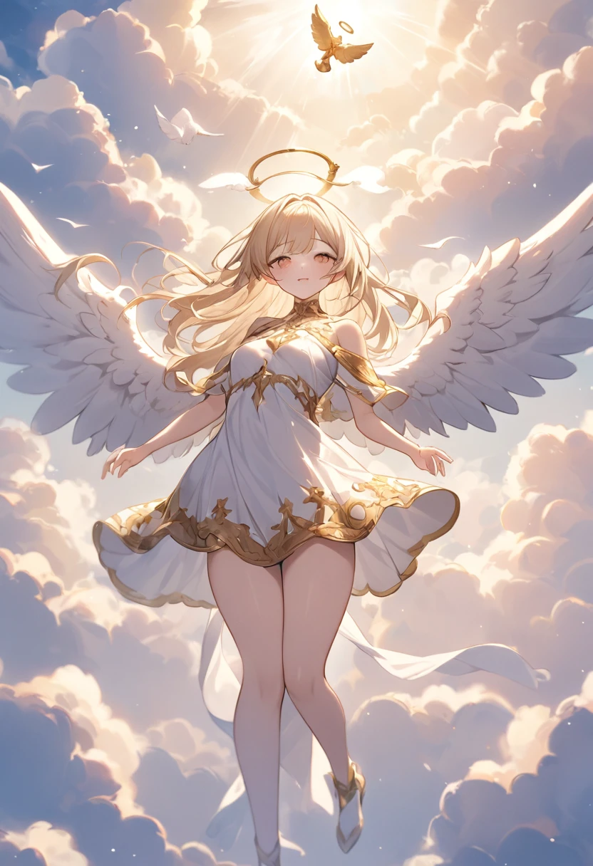 masterpiece, Very high quality,Angel, Light, (cloud:1.3), fly in the sky, white Angel wings, Hello l, Lilia, Gold coloring