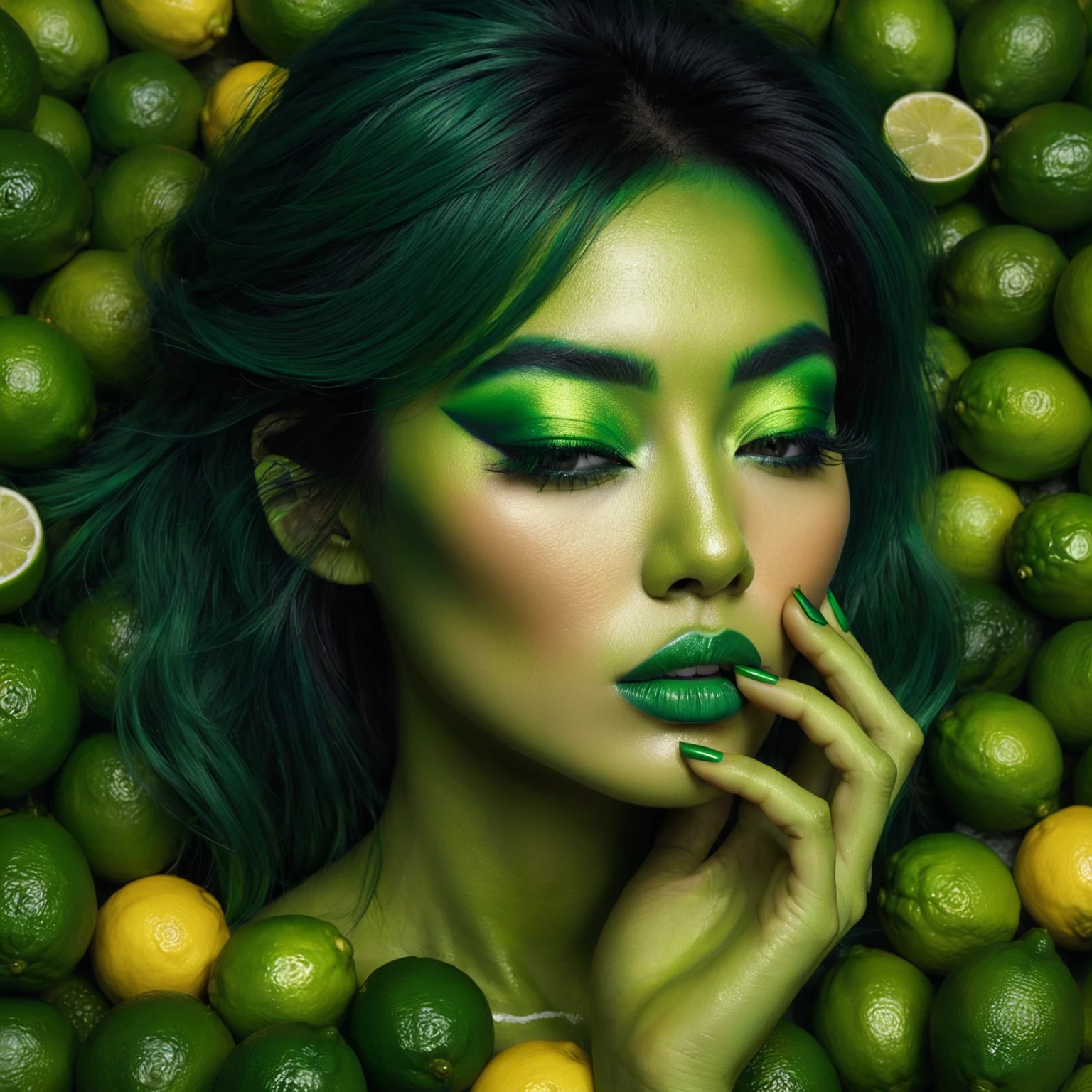 there is a woman with green hair and green makeup with limes, inspired by Hedi Xandt, green skin!, inspired by David LaChapelle, inspired by Dino Valls, green skin, hyperrealism photography, hyper-realistic photography, green face, green colored skin!!, hyperrealism artstyle, hyperrealistic mixed media, hyper realistic photography