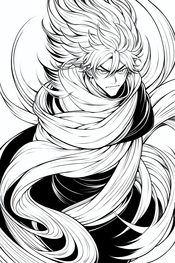 gege akutami manga art style, cool shading, sharp lineart, badass pose, white fluffy messy hair, boy, black and white, staring at viewer, messy clothing, male, scarf over mouth, itadori yuji, evil stare, boy, male, jujutsu kaisen, no background, white background