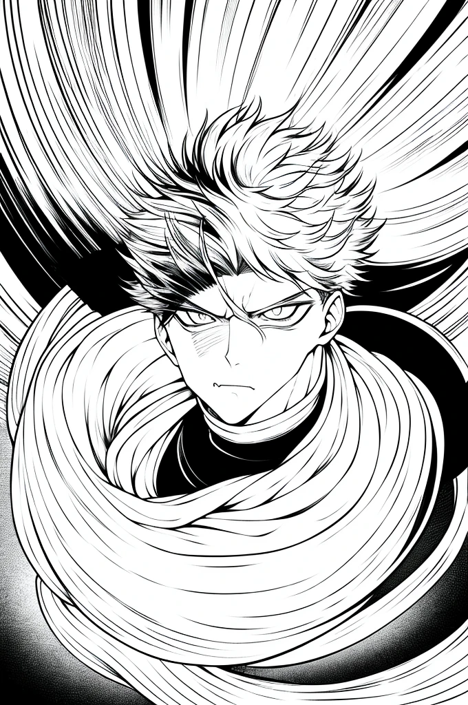 gege akutami manga art style, cool shading, sharp lineart, badass pose, white fluffy messy hair, boy, black and white, staring at viewer, messy clothing, male, scarf over mouth, itadori yuji, evil stare, boy, male, jujutsu kaisen, no background, white background