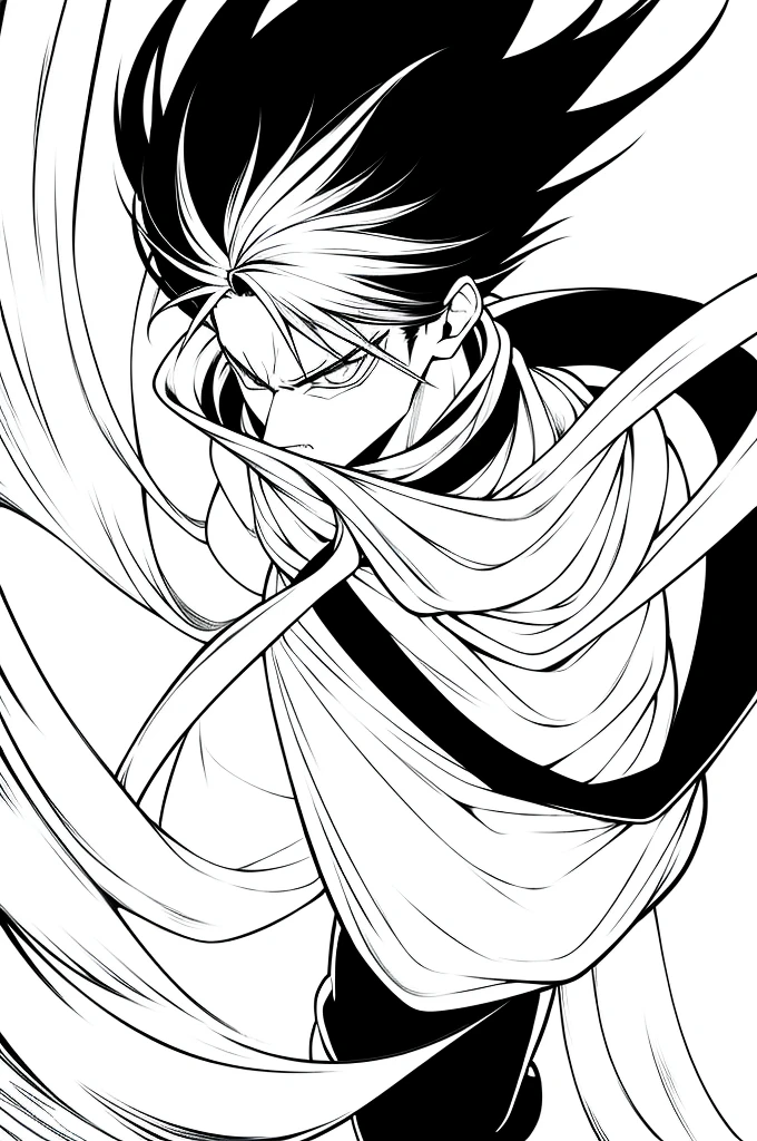 gege akutami manga art style, cool shading, sharp lineart, badass pose, white fluffy messy hair, boy, black and white, staring at viewer, messy clothing, male, scarf over mouth, itadori yuji, evil stare, boy, male, jujutsu kaisen, no background, white background