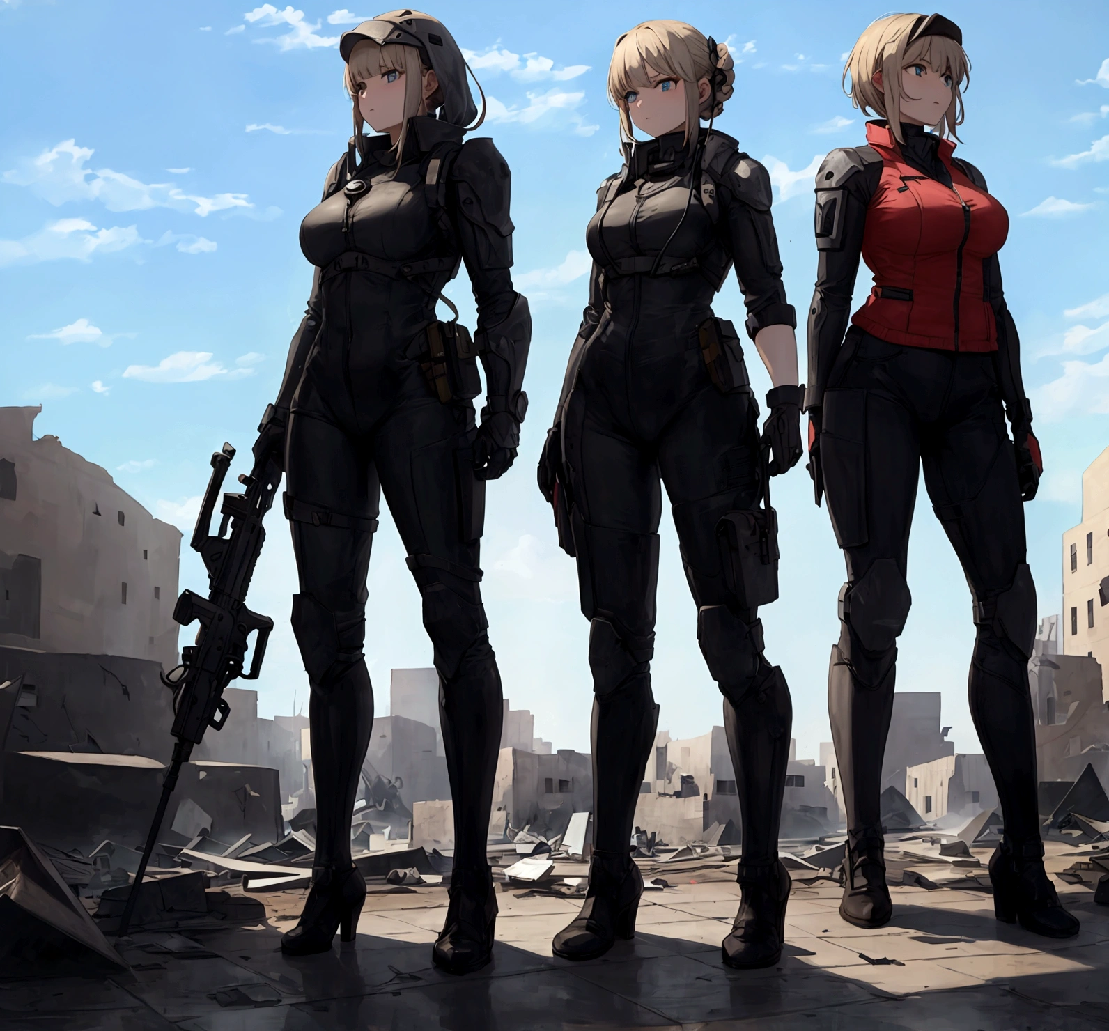 all standing in a destroyed town