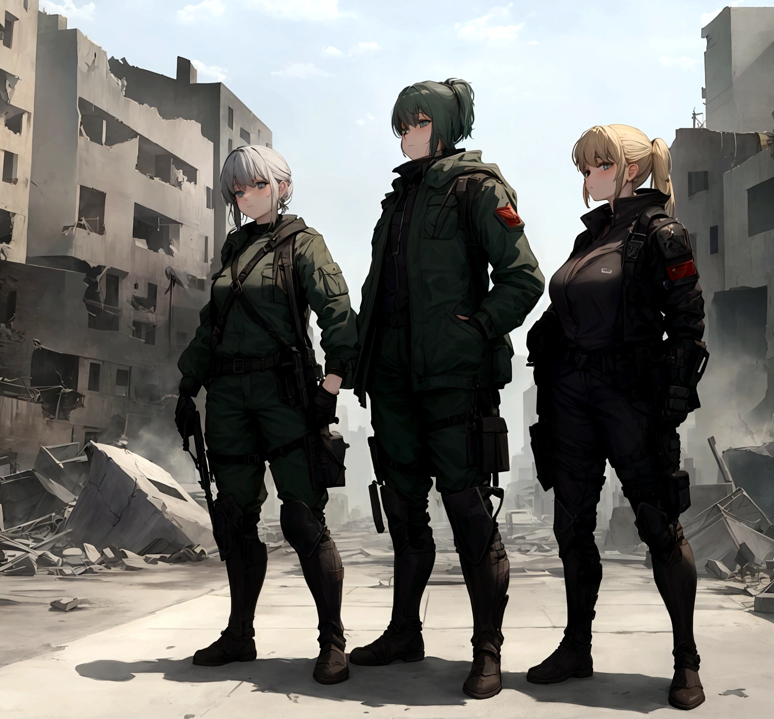 all standing in a destroyed town