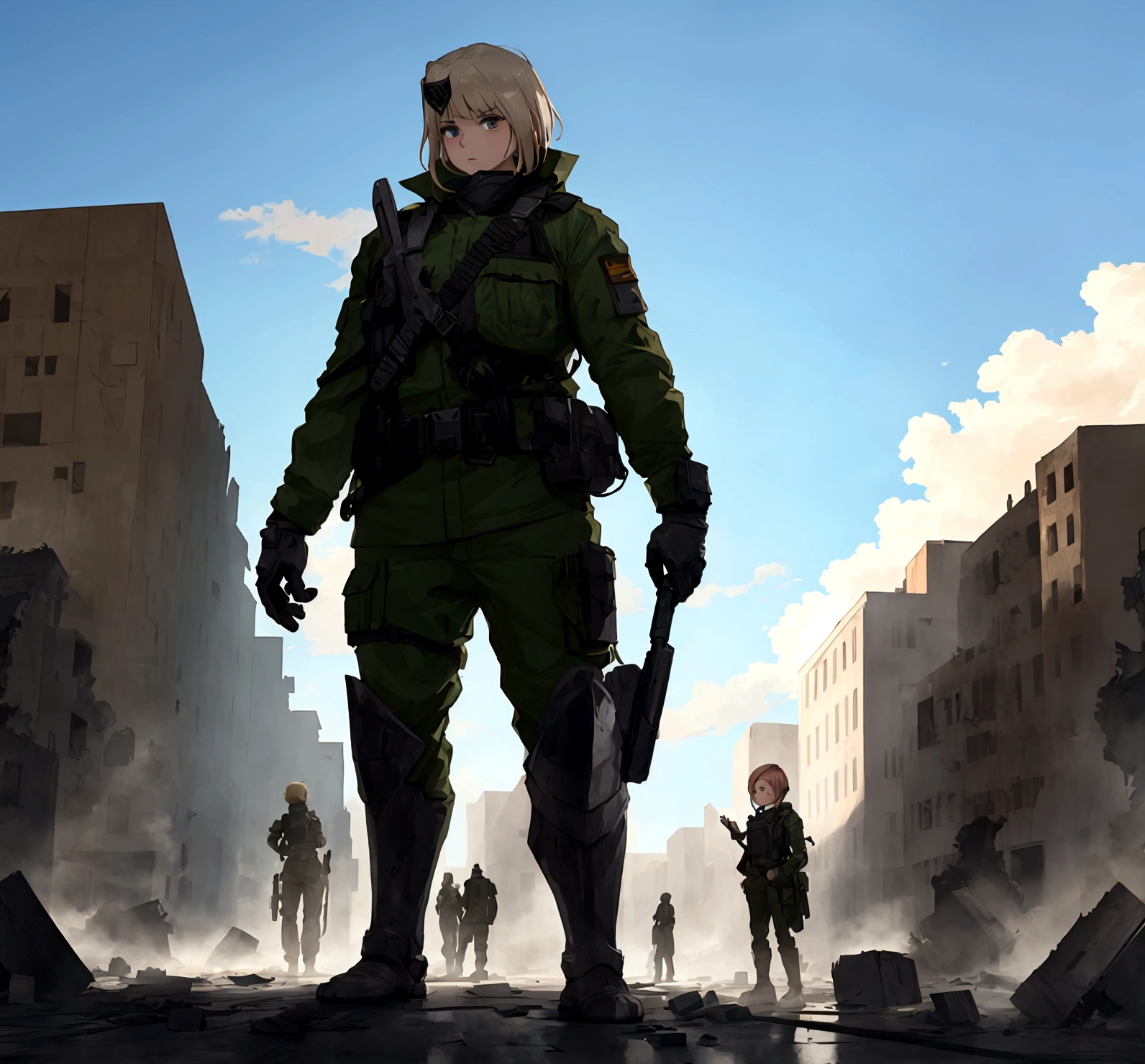all standing in a destroyed town