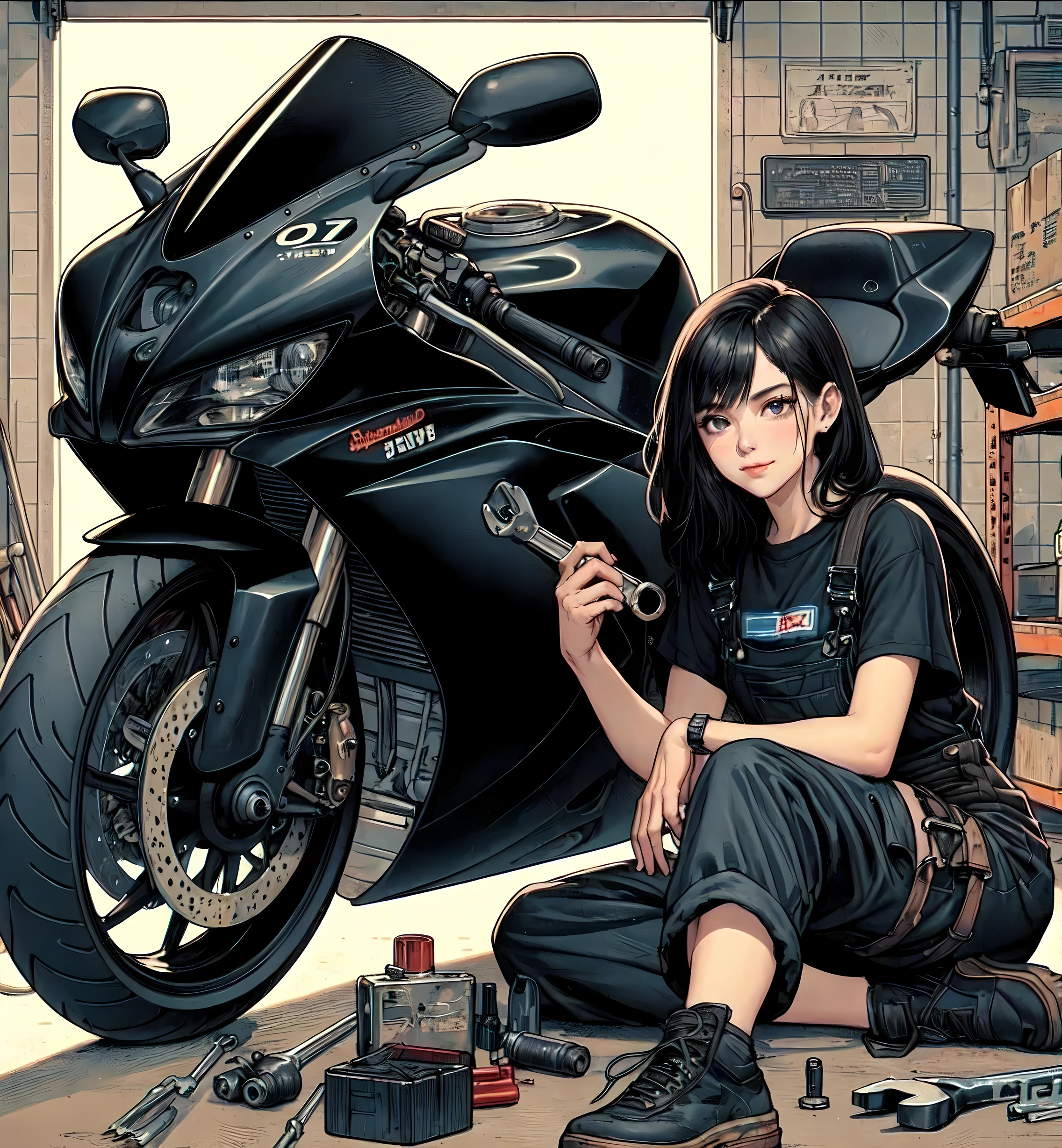 1lady solo, (squatting by motorcycle) (one knee on the ground), mechanic, (black tank top), ((overalls loosely worn) with the sleeves tied around waist), (mature female:0.8), /(black hair/) bangs, blush light smile, (oil smudges on cheeks:1.1), (masterpiece best quality:1.2) delicate illustration ultra-detailed, large breasts, (holding spanner, wrench), glove BREAK (garage) indoors, (sporty motorcycle:1.1), various tools and parts, detailed background