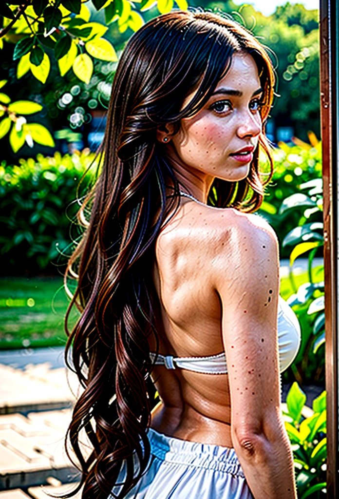 A hyper-realistic and ultra-detailed photograph of a 25-year-old woman with her back to the camera. She has long, flowing brunette hair cascading over her shoulders, showing natural variations and subtle details. The background is simple and unimportant, focusing solely on the woman. The image captures her in a natural, relaxed pose, with ultra-realistic textures and details