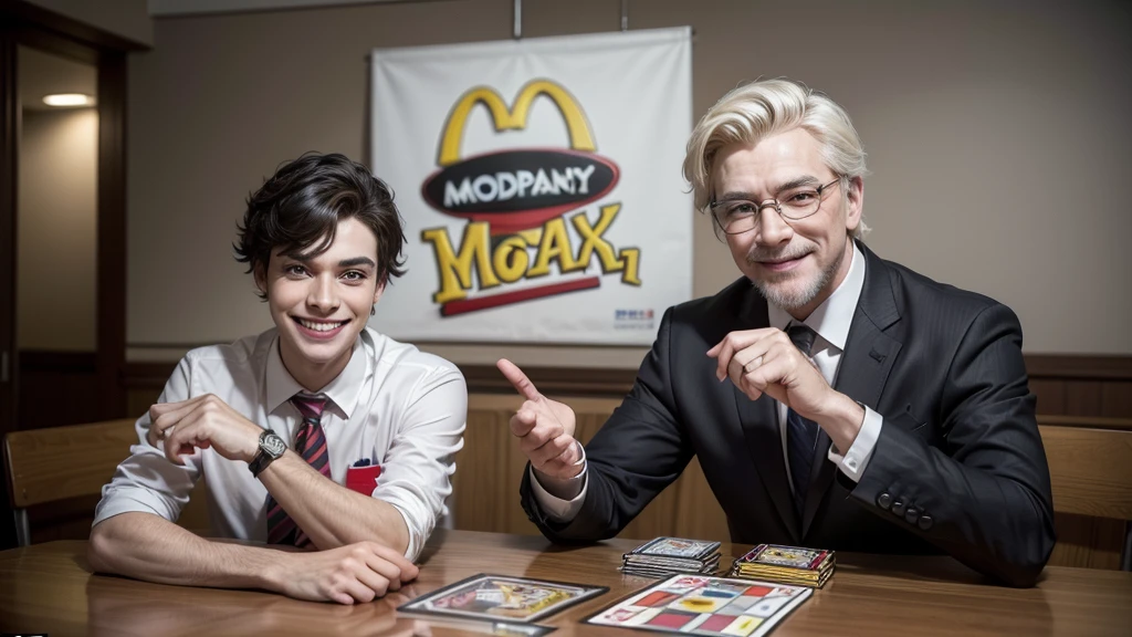 Businessman dressed as a Ronald MC Donalds, with Ronald MC Donald's makeup, evil smile, sitting at a table with "Monopoly" written on it, with both arms on the table, photo with front view