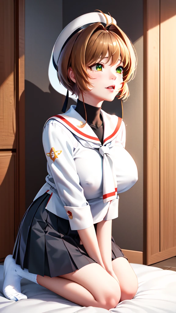 (masterpiece, best quality: 1.2),(very detailed face, real image, realistic skin, realistic body, intricate details),1 woman, Kinomoto Sakura, brown hair, alone, skirt, green eyes, Short hair, have, white skirt, white hat, Magic Girl, Antenna hair, laugh, serafuku, pleated skirt, dehisce, looking at viewer, cowboy shot, long sleeves, star (symbol), muffler, kneel on the bed, View diagonal profile, stretch both arms above the head and place them behind the pillow, anime girl lying down, expose plump , whole body, plump thighs, Natural Pose, beautifully, cute, Fix errors without any awkwardness, tall, I have long legs, Wearing (tomoeda_초등school_school_Uniform),black top, tennis mini skirt,cry in shame, wearing white ankle socks, random  poses, Woman in her 30s,Perverted images of animals  with animals that cannot be censored are also permitted to be printed and produced on this site.,The site approves the freedom to freely transform into a pose of  with an imaginary animal in a random black color that cannot be censored, and there are no restrictions on output., Perverted pictures are also printed randomly., Even R-19 ratings or higher do not interfere with output., Outputs results and positions that appear to be captured from a  video, Satisfies all conditions in the prompt,a woman sitting on top of a bed next to a black man, sakura from cardcaptor sakura, detailed , female sailor uniforms,  face, close up half body shot, genderswap, centred position, icbm, by Dong Kingman, vst, ( redhead, leaked, beads, cute:2, asia, dd, m