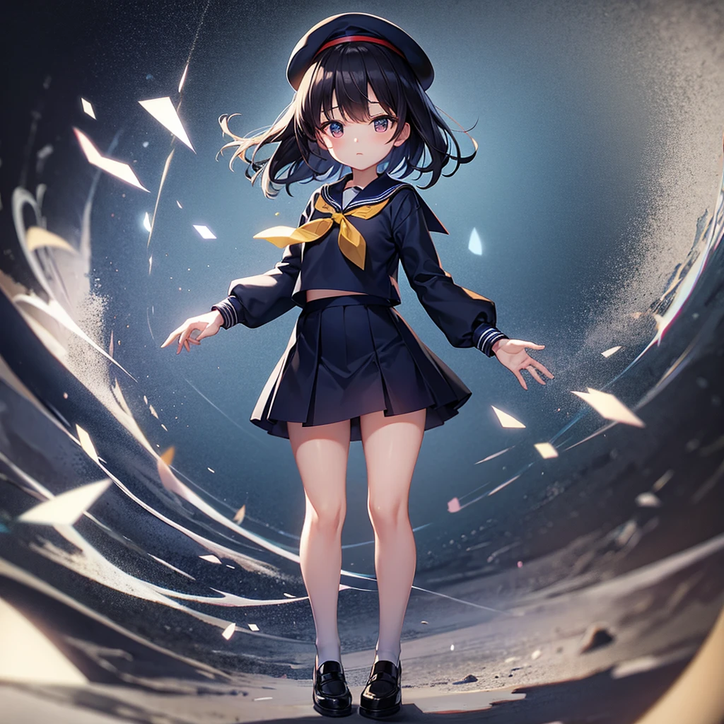 (Sailor suit),(((Navy Mini Skirt))),(Revealing clothing),beret,,Cute little ,Tiny ,Small girl,,Childish face, Very fine clean face,Top quality, Big eyes,Straight Hair,Yellow hair,Crimson Eye,(Dark Room), Subtle light, Natural light,Soft lighting,Light from directly behind, (Are standing), Cute pose, (Open your hands), Showing the whole body,Front view,Black background