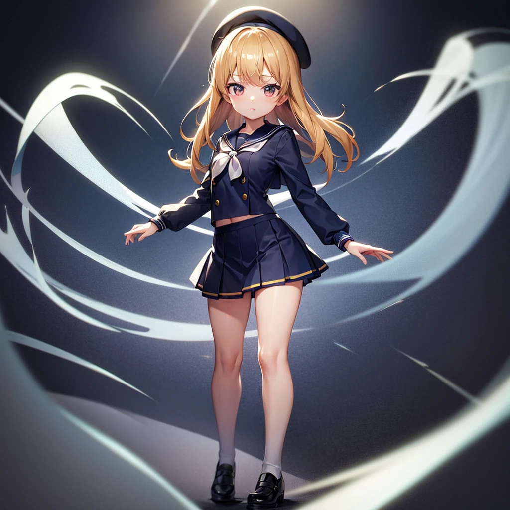 (Sailor suit),(((Navy Mini Skirt))),(Revealing clothing),beret,,Cute little ,Tiny ,Small girl,,Childish face, Very fine clean face,Top quality, Big eyes,Straight Hair,Yellow hair,Crimson Eye,(Dark Room), Subtle light, Natural light,Soft lighting,Light from directly behind, (Are standing), Cute pose, (Open your hands), Showing the whole body,Front view,Black background