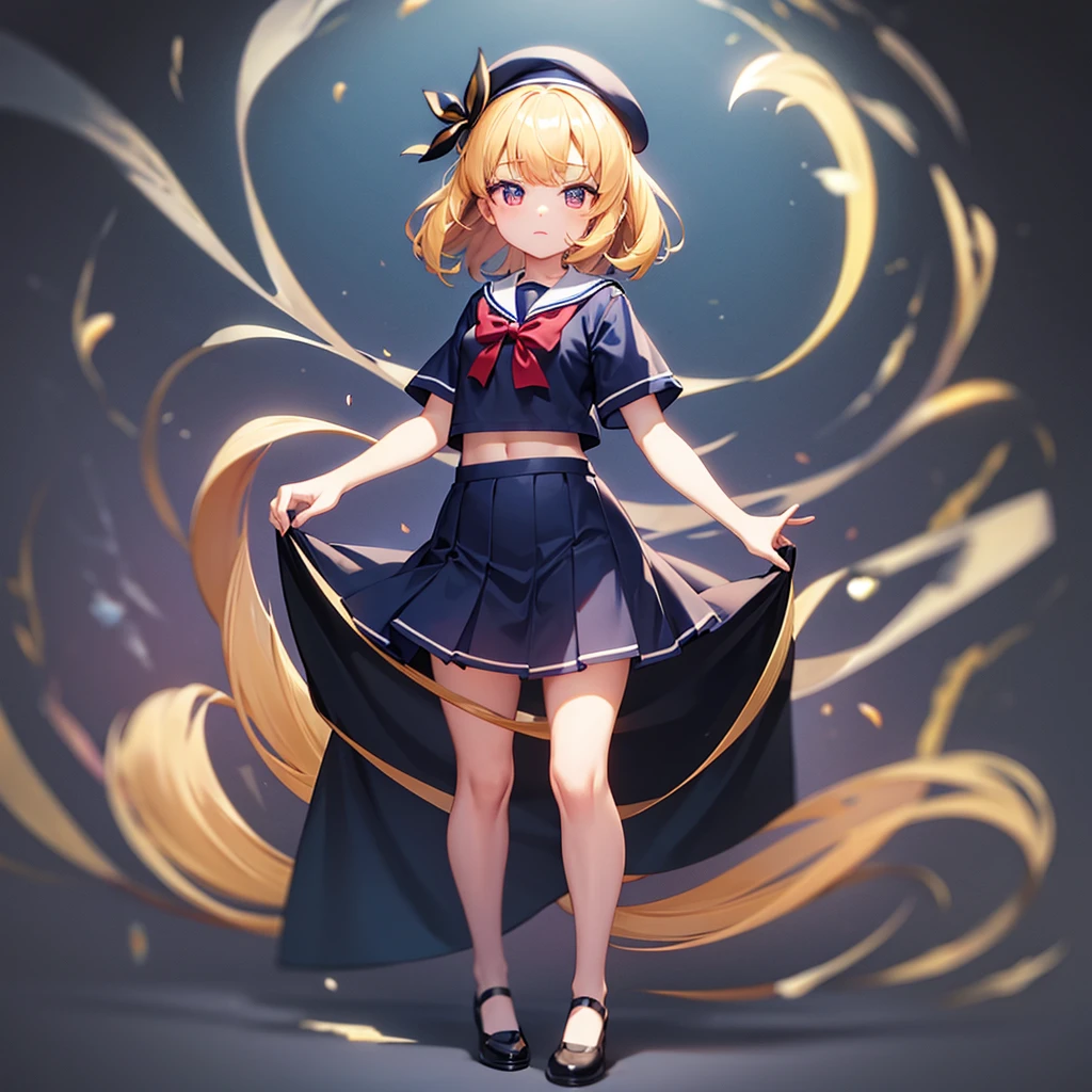 (Sailor suit),(((Navy Mini Skirt))),(Revealing clothing),beret,,Cute little ,Tiny ,Small girl,,Childish face, Very fine clean face,Top quality, Big eyes,Straight Hair,Yellow hair,Crimson Eye,(Dark Room), Subtle light, Natural light,Soft lighting,Light from directly behind, (Are standing), Cute pose, (Open your hands), Showing the whole body,Front view,Black background