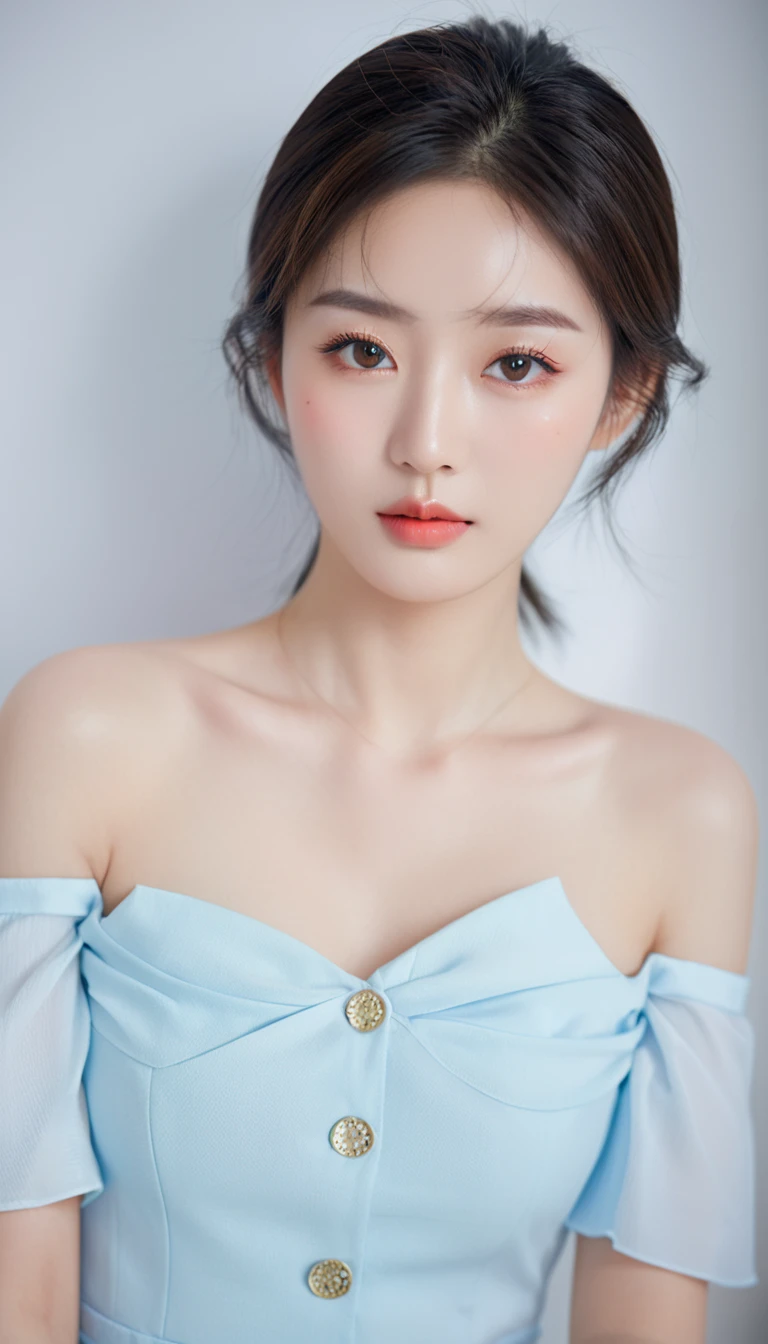 Fashionable beautiful woman, Gentle and charming Chinese beauty, Exquisite and sexy clavicle, Charming oval face, Double eyelids, Bright peach blossom eyes, Pink lips, Small nose, Bare shoulders, Focus on the face, Close-up of face, Ultra HD, Very detailed, The white off-shoulder shirt matches the light blue slit skirt perfectly, fresh and impressive