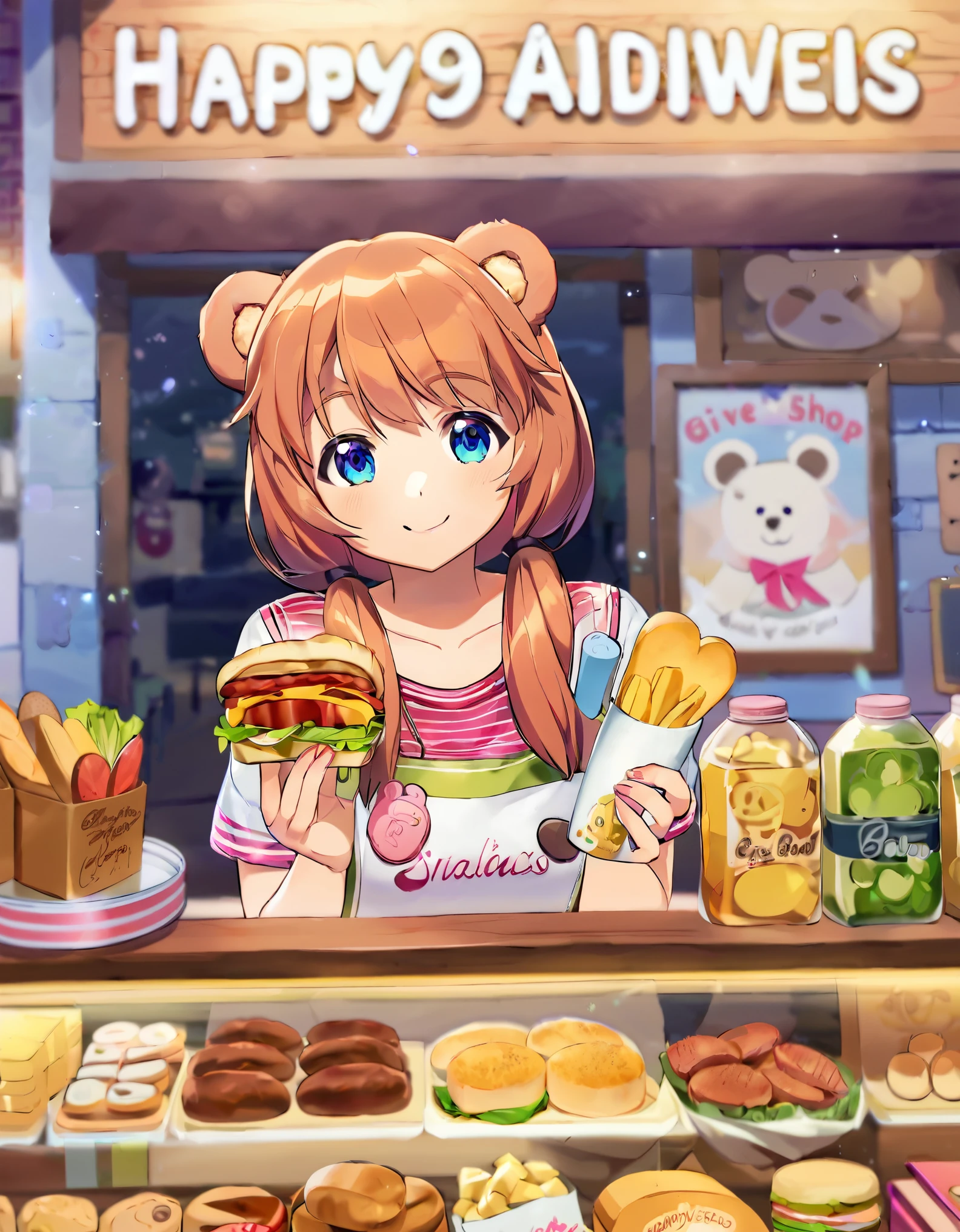 Bread店,A pretty girl,Female shop assistant,Happy smile,beautiful face,制作Sandwiches,_Give,A cute bear shop sign on the wall,小熊Bread,neon light,Bread,biscuit,Sandwiches,Salad,Bottled drinks,anime,Nice background,Depth of Field,CG unity,illustration,