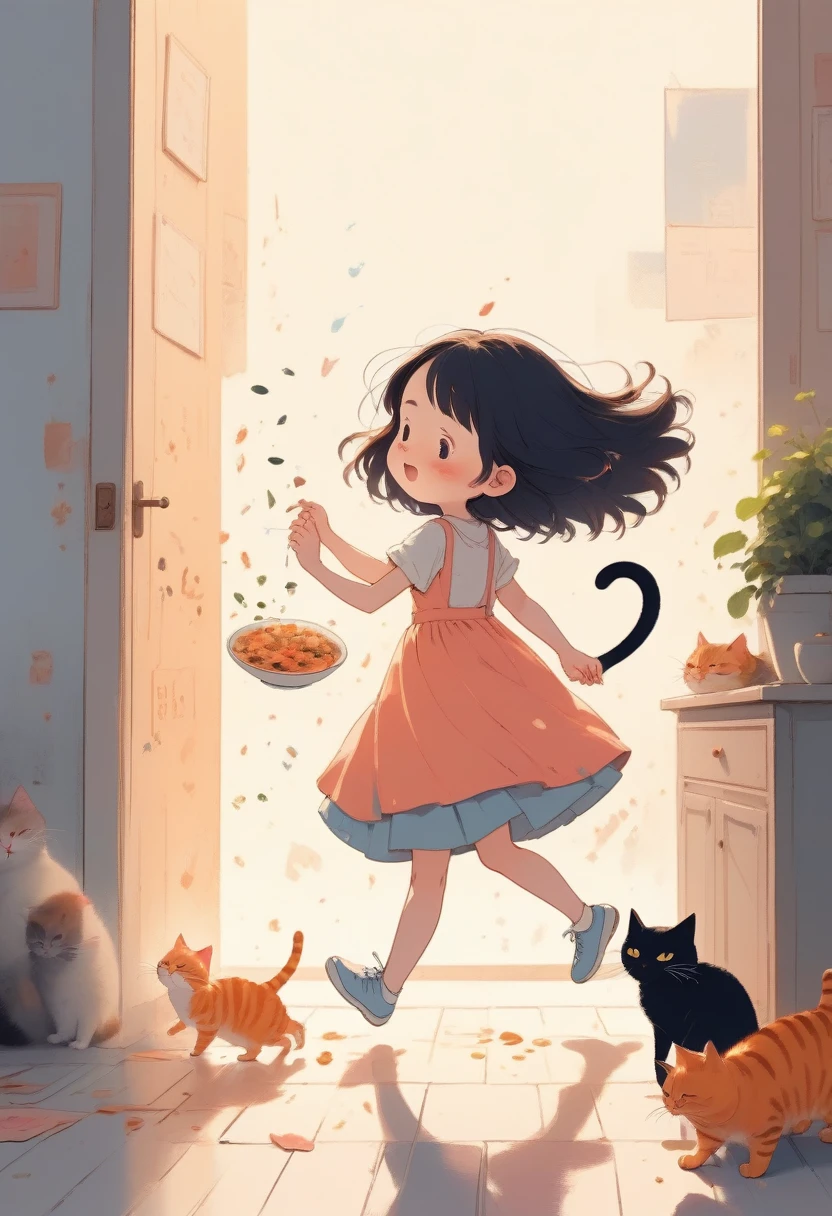 score_9, score_8_up, score_7_up, score_6_up, score_5_up, score_4_up, A simple and cute picture book, with simple and abstract characters, illustration style, a girl strokes a cat that has eaten enough food to be fullm, dancing notes, warm and gentle light effects like a sunset, and vivid color effects of soft pastel colors and vivid colors